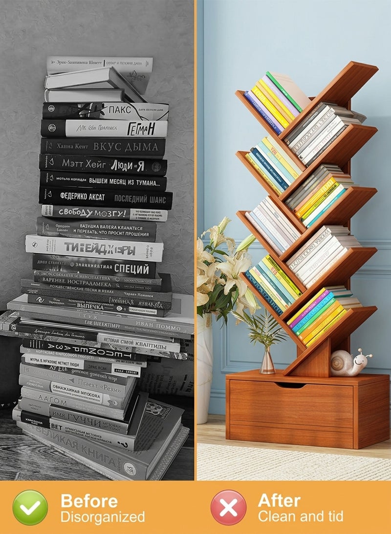 Baytvibes 10 Tier Tree Shaped Bookshelf Modern Slim Freestanding Bookcase With Bottom Storage Drawer Sturdy Wood Display Cabinet Compact Space Saving Organizer For Books Media Decor Suitable For Living Room Bedroom Home Office Corner Use - Image 4
