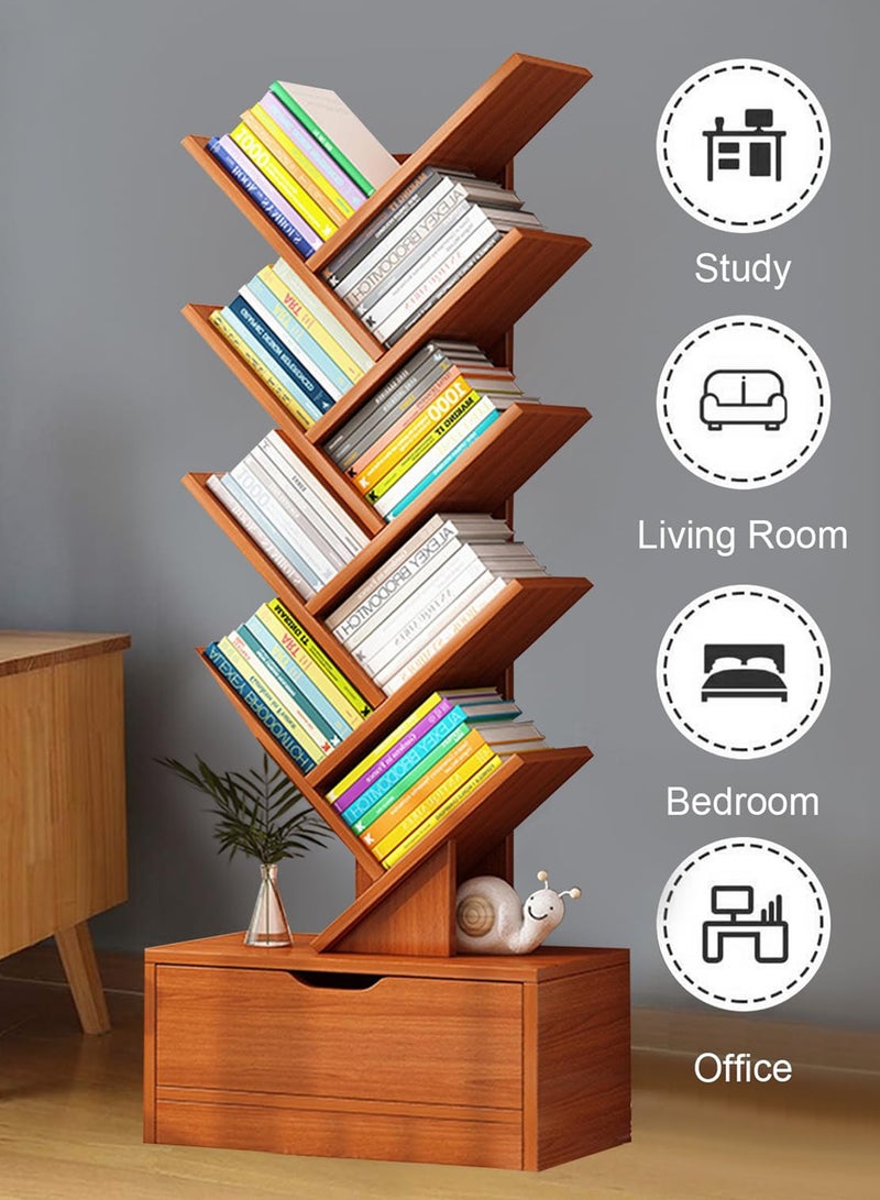Baytvibes 10 Tier Tree Shaped Bookshelf Modern Slim Freestanding Bookcase With Bottom Storage Drawer Sturdy Wood Display Cabinet Compact Space Saving Organizer For Books Media Decor Suitable For Living Room Bedroom Home Office Corner Use - Image 3