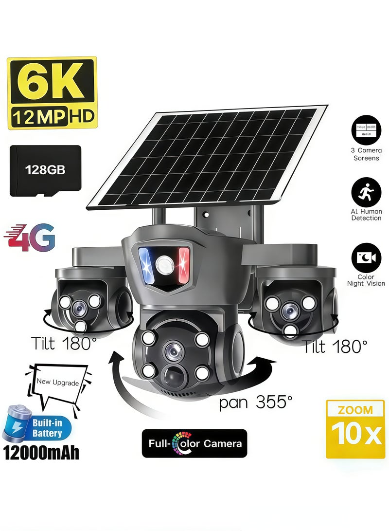 كاميرا أمن 12 ميجابكسل 6K تعمل بالطاقة الشمسية 4G بثلاث عدسات حقيقية وثلاثة أوضاع مشاهدة، PTZ 360، رؤية ليلية كاملة الألوان، للخارج، كشف حركة الإنسان بالأشعة تحت الحمراء. العدسات الثلاث تعرض 3 مشاهدات، كشف الحركة + تنبيهات حمراء وزرقاء، اتصال ثنائي الاتجاه – حماية شاملة! (مع بطاقة ذاكرة 128 جيجابايت). - Image 1