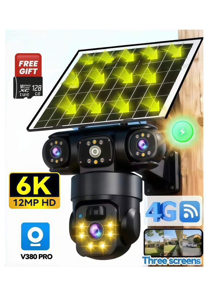 كاميرا أمن 12 ميجابكسل 6K تعمل بالطاقة الشمسية 4G بثلاث عدسات حقيقية وثلاثة أوضاع مشاهدة، PTZ 360، رؤية ليلية كاملة الألوان، للخارج، كشف حركة الإنسان بالأشعة تحت الحمراء. العدسات الثلاث تعرض 3 مشاهدات، كشف الحركة + تنبيهات حمراء وزرقاء، اتصال ثنائي الاتجاه – حماية شاملة! (مع بطاقة ذاكرة 128 جيجابايت). - Image 1
