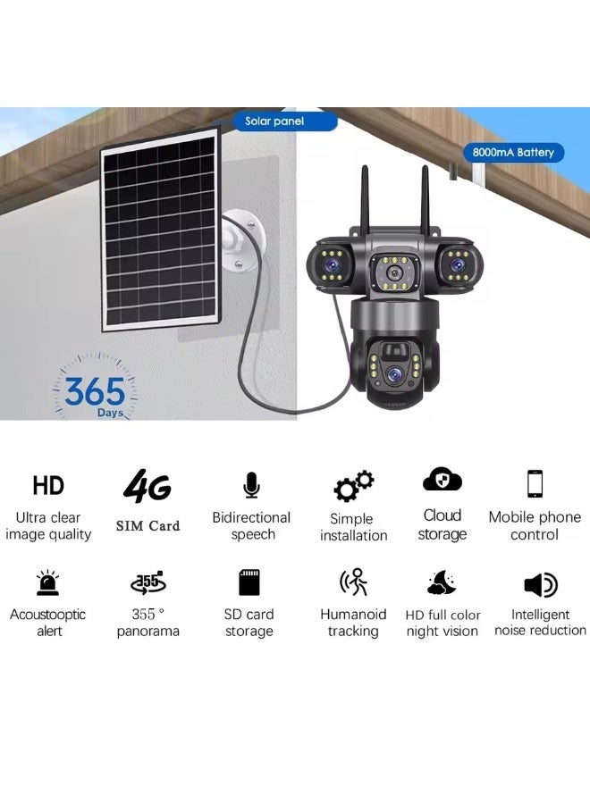 كاميرا أمن 12 ميجابكسل 6K تعمل بالطاقة الشمسية 4G بثلاث عدسات حقيقية وثلاثة أوضاع مشاهدة، PTZ 360، رؤية ليلية كاملة الألوان، للخارج، كشف حركة الإنسان بالأشعة تحت الحمراء. العدسات الثلاث تعرض 3 مشاهدات، كشف الحركة + تنبيهات حمراء وزرقاء، اتصال ثنائي الاتجاه – حماية شاملة! (مع بطاقة ذاكرة 128 جيجابايت). - Image 2