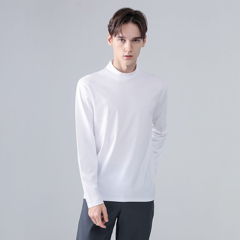 High-End Horse Pima Cotton T-Shirt White Middle Collar Long-Sleeved Men'S Pure Cotton Solid Color All-Match Collar Top Bottoming - Image 4