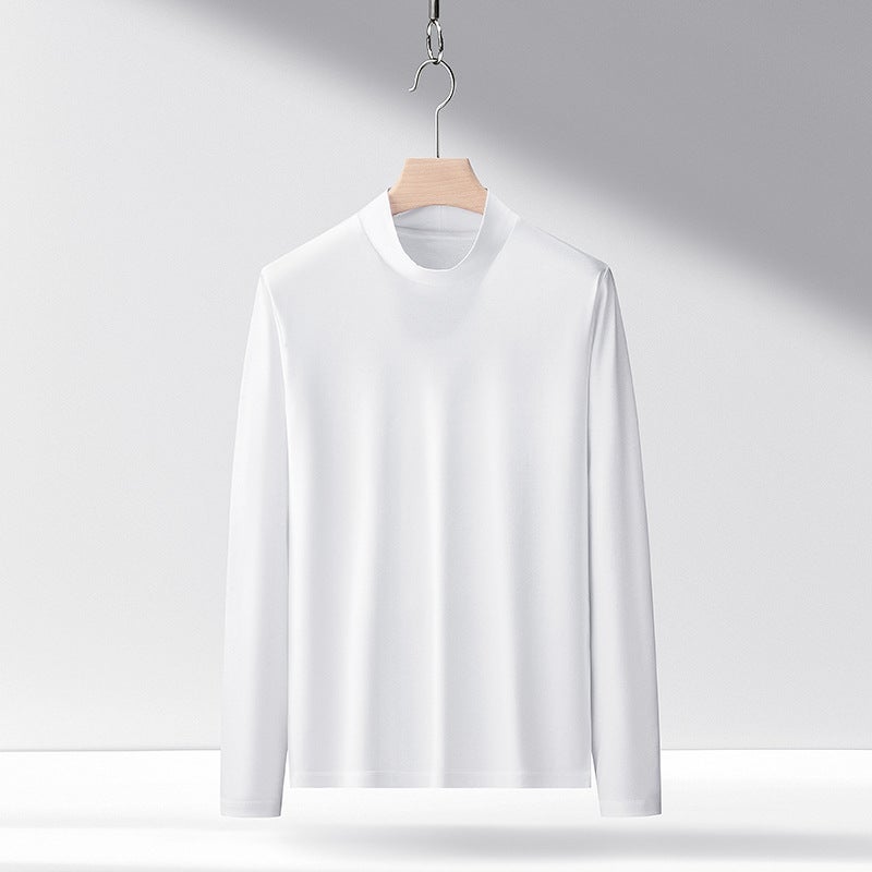 High-End Horse Pima Cotton T-Shirt White Middle Collar Long-Sleeved Men'S Pure Cotton Solid Color All-Match Collar Top Bottoming - Image 1