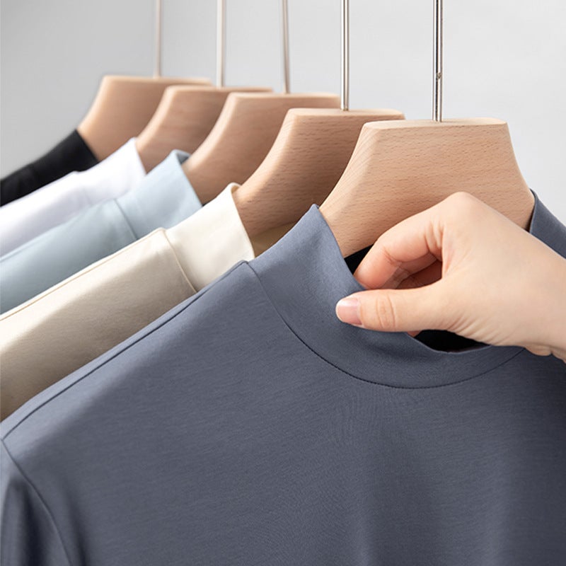 High-End Horse Pima Cotton T-Shirt White Middle Collar Long-Sleeved Men'S Pure Cotton Solid Color All-Match Collar Top Bottoming - Image 2