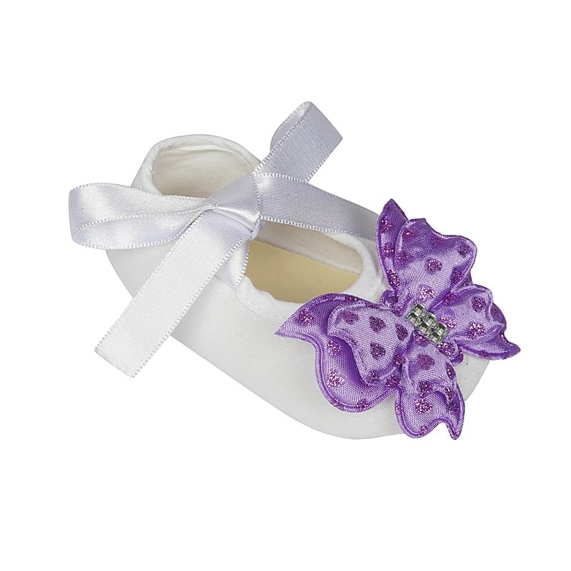 Rsmart Infant New Baby Toddlers Boys and Girls Cotton White Sandal Ribbon Booties With Purple Butterfly Patch [RSM_65] - Image 3