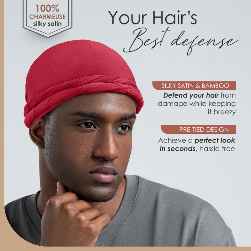 CAPLORD Silk Satin Lined Halo Turban Head Wrap Pre-Tied Skull Cap for Men and Women Sleeping Bonnet Hair Cover Chemo Hair Loss Hat Red - Image 2