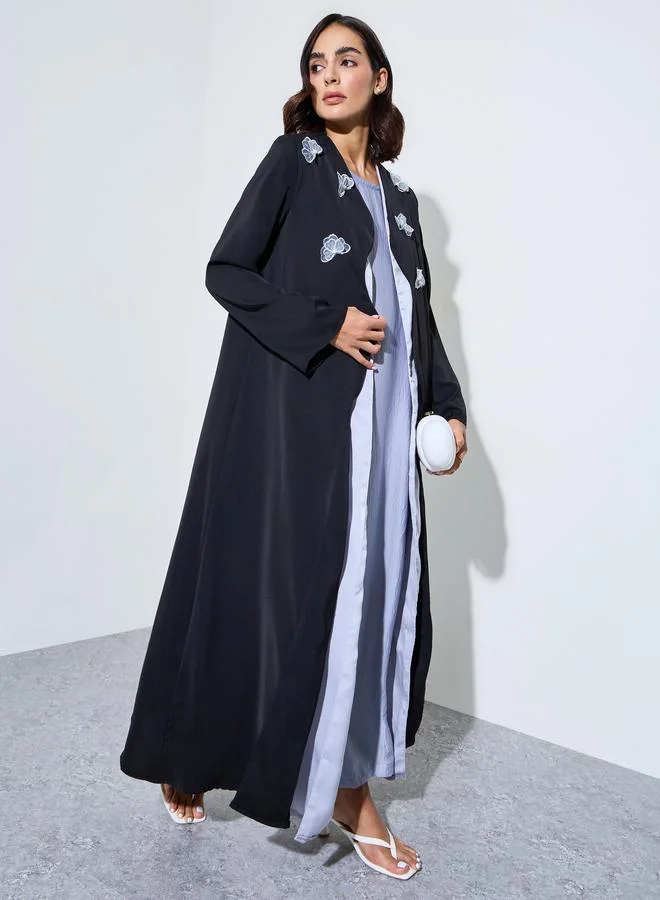 أميرة Black Butterfly Embroidered Open Front Abaya