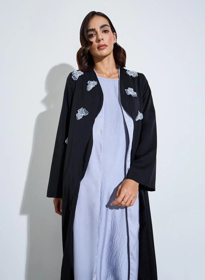 أميرة Black Butterfly Embroidered Open Front Abaya