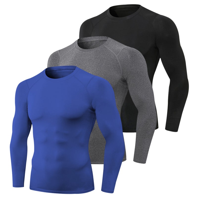 3pcs Men's Athletic Long Sleeve Compression Shirts Quick Dry Workout T-Shirt Running Tops - Image 1