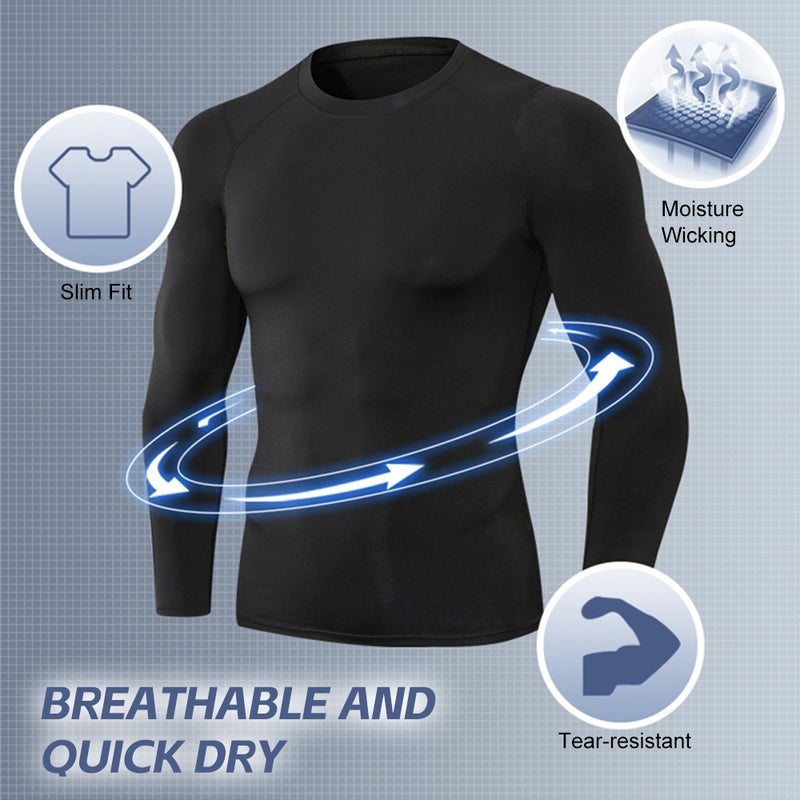 3pcs Men's Athletic Long Sleeve Compression Shirts Quick Dry Workout T-Shirt Running Tops - Image 2