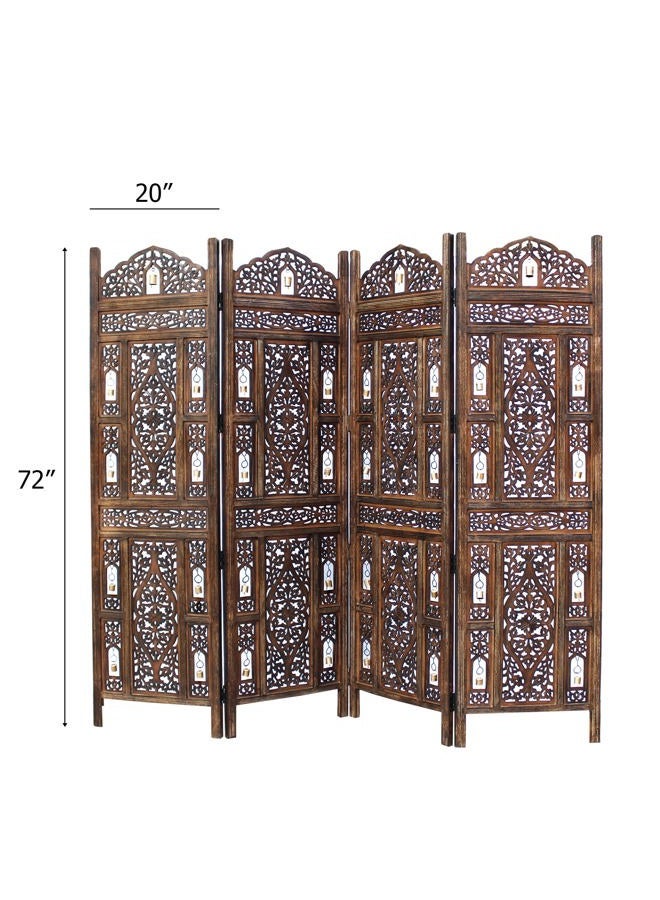 Cotton Craft فاصل الغرفة شاشة خشبية - أجراس غانتي بني عتيق - 4 لوحات قابلة للطي 72 × 80 - مزخرفة محفورة يدويًا وظيفية متعددة الاستخدامات قابلة للنقل قابلة للعكس للخصوصية بوهو - - Image 2