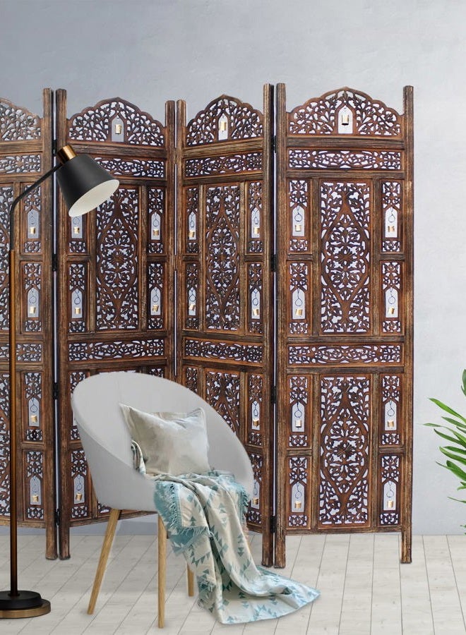 Cotton Craft فاصل الغرفة شاشة خشبية - أجراس غانتي بني عتيق - 4 لوحات قابلة للطي 72 × 80 - مزخرفة محفورة يدويًا وظيفية متعددة الاستخدامات قابلة للنقل قابلة للعكس للخصوصية بوهو - - Image 4