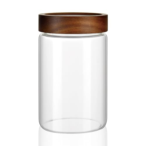 MOLADRI 28 oz/850 ml Clear Glass Storage Canister with Airtight Wooden Screw Lid, Medium Cute Decorative Glass Container Jar for Coffee,Spice,Candy,Salt,Cookie,Condiment,Pepper,Sugar,Overnight Oatmeal - Image 1