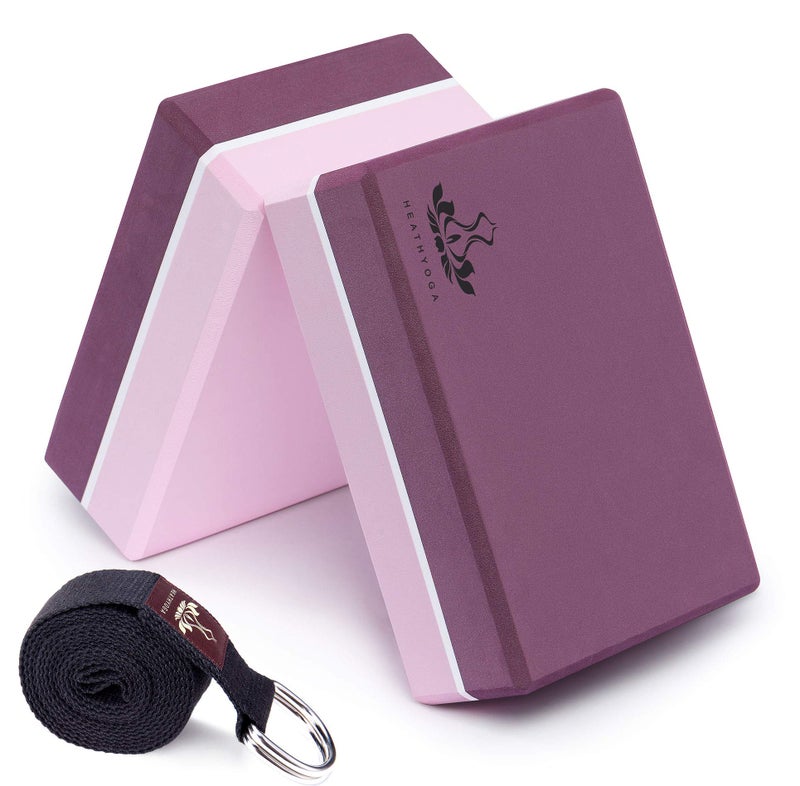 Heathyoga Yoga Blocks 2 Pack with Strap High Density EVA Foam Yoga Block and Yoga Strap Set to Support and Improve Poses and Flexibility Purple