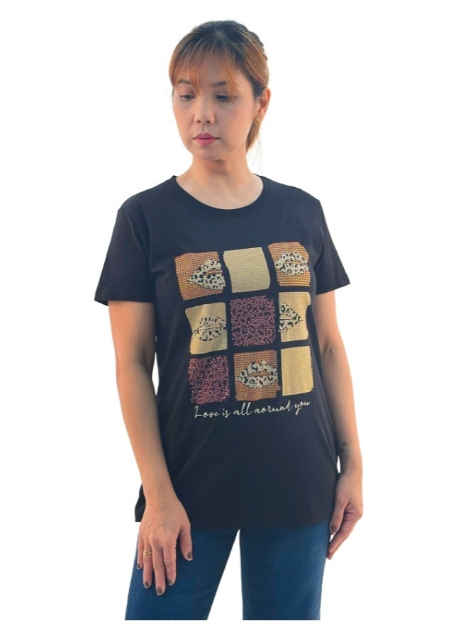 JOANNA JOANNA W203025 Women's Grids Design Round Neck Short Sleeve T-Shirt - Black - Image 1