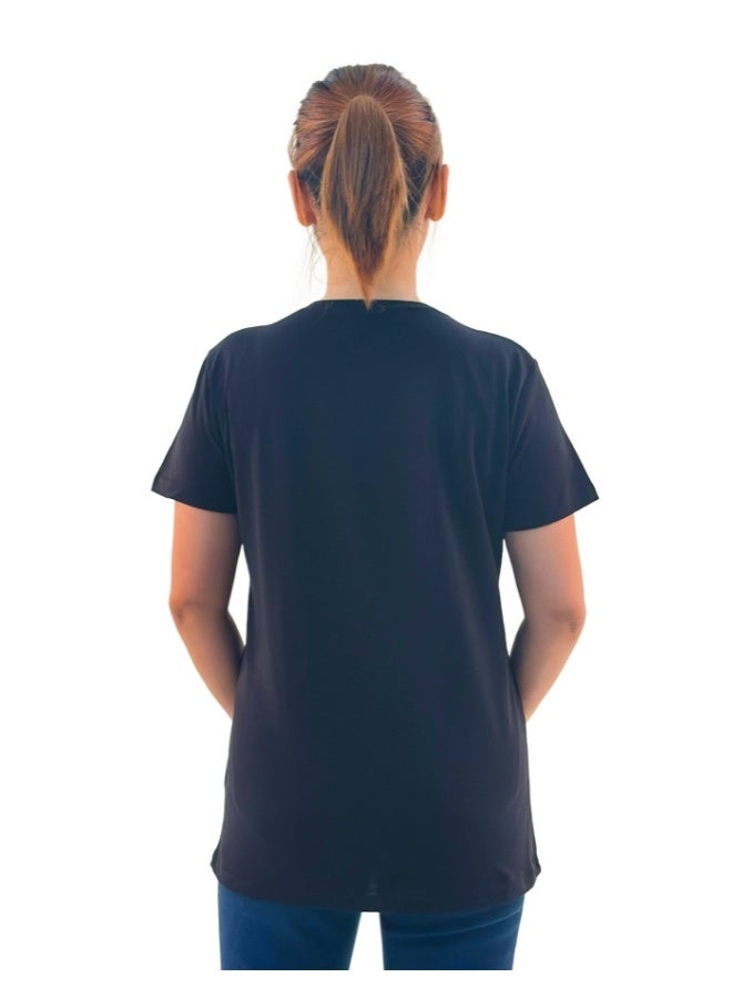 JOANNA JOANNA W203025 Women's Grids Design Round Neck Short Sleeve T-Shirt - Black - Image 3