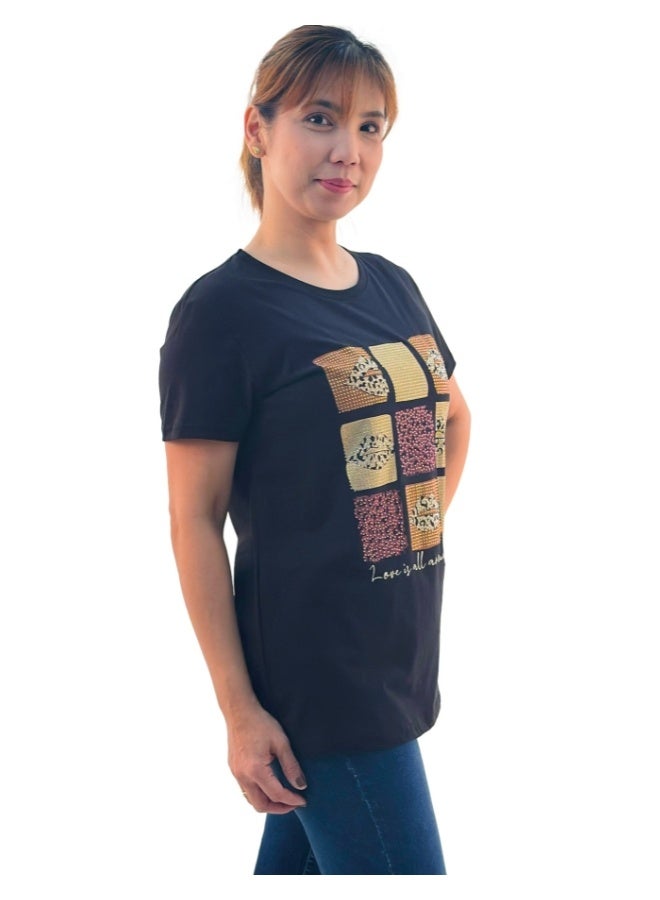 JOANNA JOANNA W203025 Women's Grids Design Round Neck Short Sleeve T-Shirt - Black - Image 2