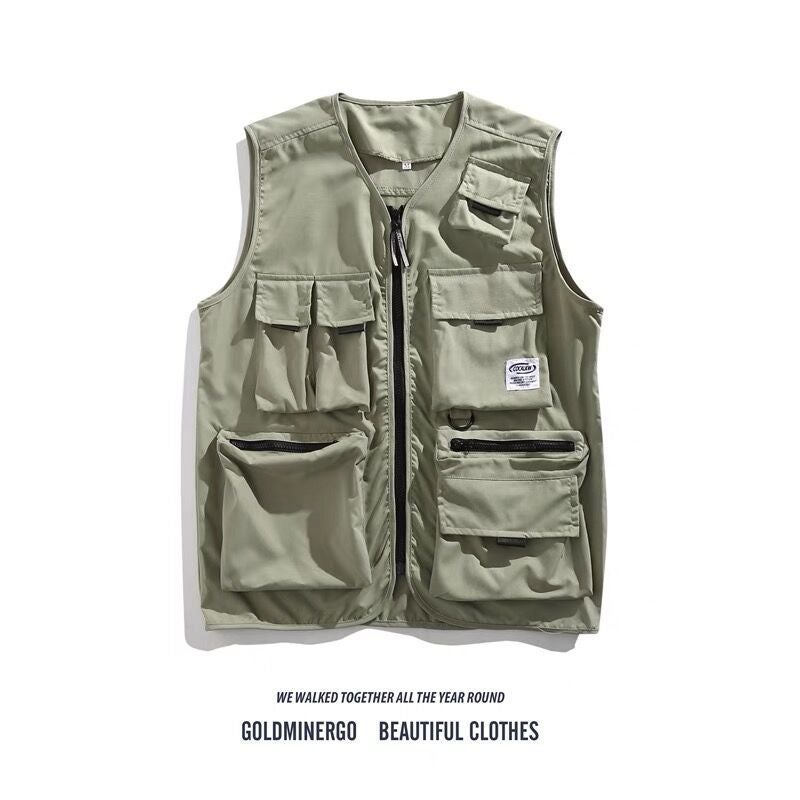Autumn Thin Japanese Multi-Pocket Tactical Vest Casual Streetwear Sleeveless Top 11825 green - Image 1