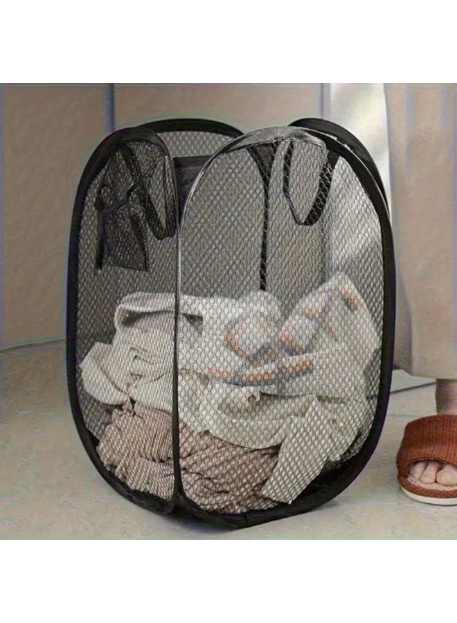 Large Pop Up Mesh Laundry Basket Foldable Black High Capacity Hamper With Handles - Image 1