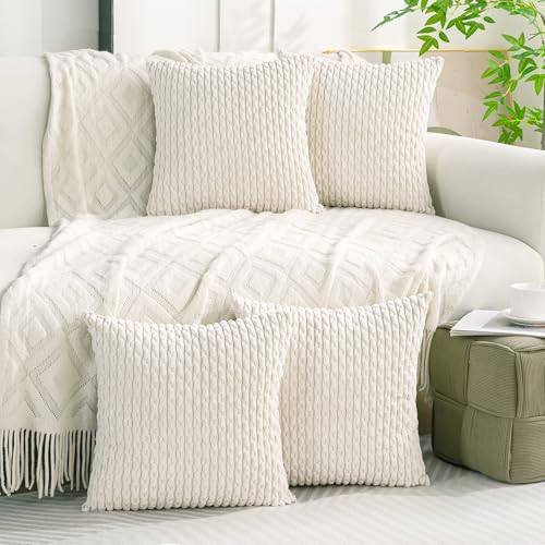 Cozoomy Set of 4 Cream White Decorative Throw Pillow Covers 18x18 Inch Corduroy Pillow Covers for Bed Couch Sofa Living Room Soft Square Cushion Cases - Image 2