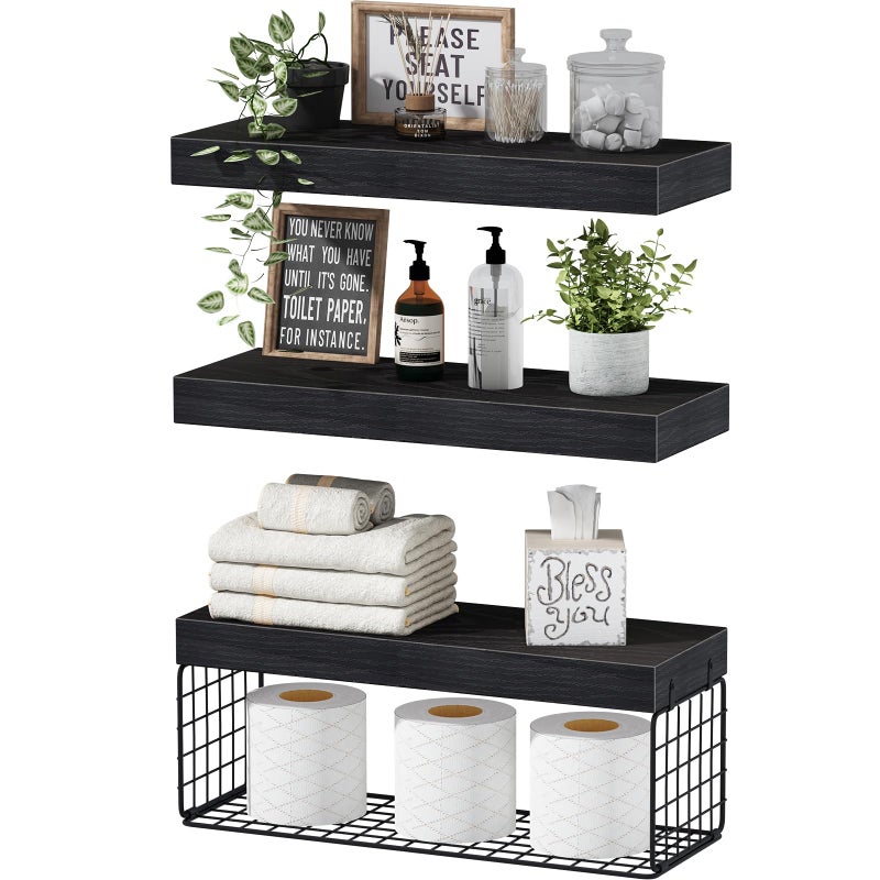 QEEIG Bathroom Shelves Over Toilet Wall Mounted Floating Shelves Toilet Paper Storage Small Farmhouse Decor Shelf 16 inch Set of 3 Black 019B3