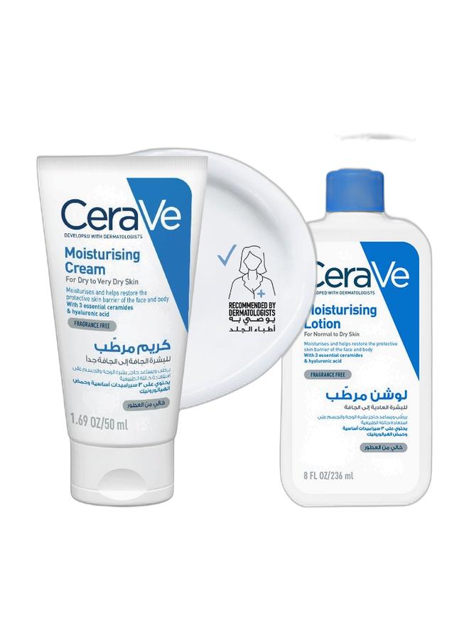 CeraVe Moisturising Cream 50ml & Moisturising Lotion For Normal To Dry Skin With 3 Essential Ceramides white 236ml Bundle - Image 1