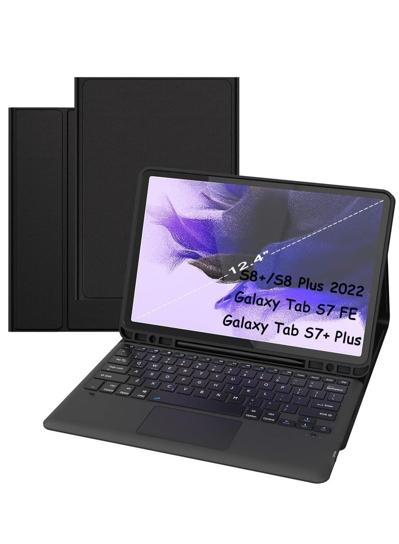 ELTRAZONE Samsung Galaxy Tab S7 FE / S7 Plus /S8+ 12.4 inch Case with Keyboard - Smart Detachable Wireless Touchpad Tablet Keyboard Cover - Tab S7 FE 2021/ S7+ 2020/S8+ with S Pen Holder Black - Image 1