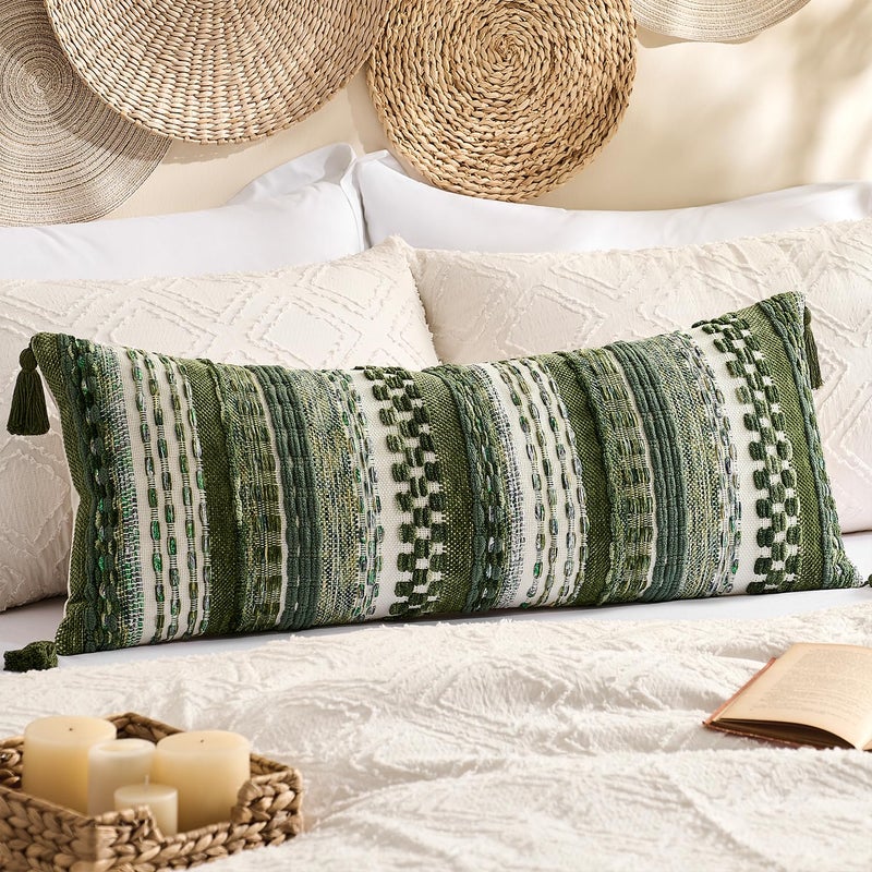K KEVIN TEXTILE Kevin Textile 14x36 Inch Long Lumbar Pillow Cover 1 Pack Boho Decorative Rectangle Cushion Case Throw Soft Chenille Thread Woven Tufted Textured Farmhouse Accent for Living Room Couch Sofa Bed, Green - Image 1