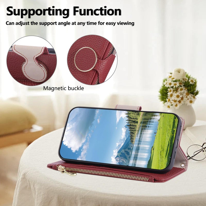 erorex For Samsung Galaxy A56 5G Round Buckle Zipper Wallet Leather Phone Case with Crossbody Strap(Red) - Image 5