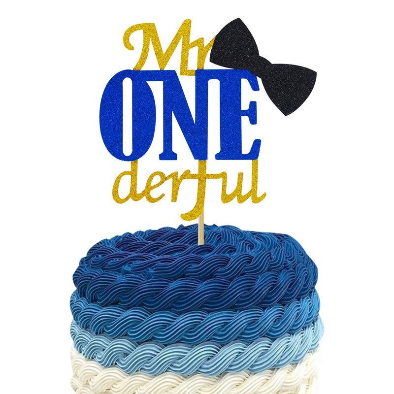 Joymee Mr Onederful Cake Topper,Double Sided 1st First Cake Decorations with Bowtie Gold Glitter Little Man Happy Birthday Handmade Ornaments for Baby Shower Cake Smash Party Supplies