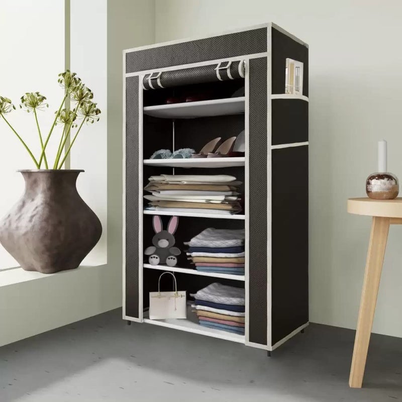 Whitecloud TRANSFORMING HOMES Whitecloud TRANSFORMING HOMES Collapsible Portable Foldable Wardrobe Storage Shelves Organizer for Clothes Racks Fabric Almirah Non Rustable Iron Storage Unit 5 Layer Brown  - Image 1