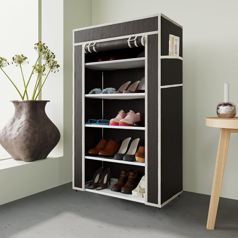 Whitecloud TRANSFORMING HOMES Whitecloud TRANSFORMING HOMES Collapsible Portable Foldable Wardrobe Storage Shelves Organizer for Clothes Racks Fabric Almirah Non Rustable Iron Storage Unit 5 Layer Brown  - Image 5