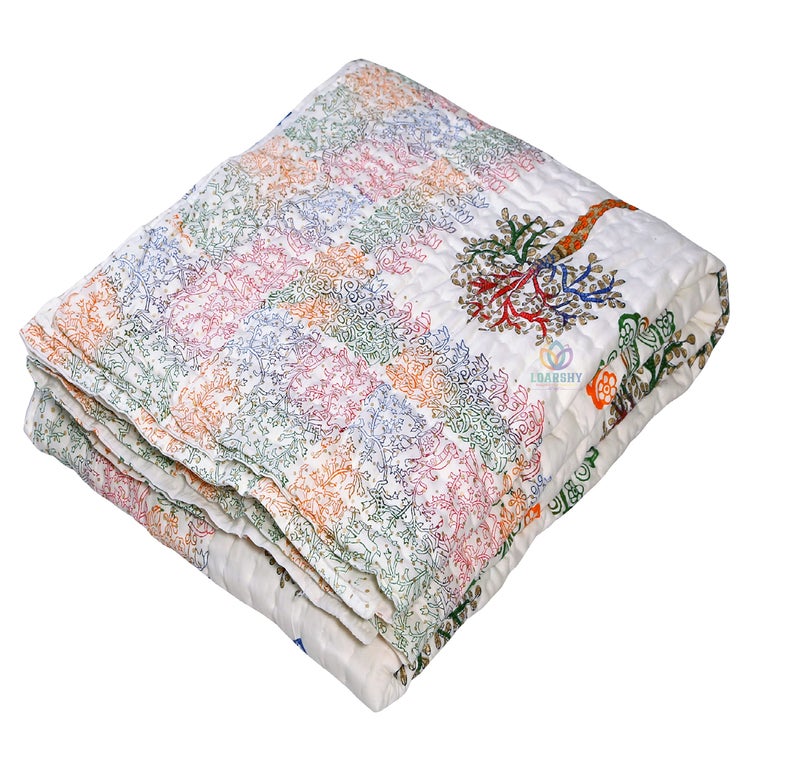 LOARSHY Hand Block Floral Palm Tree Print 210 TC Jaipuri Razai Multi Color Soft Mulmul Pure Cotton King Size Rajai Rajasthani Double Bed Light Weight AC Quilt (Size 87X103 inch) - Image 5