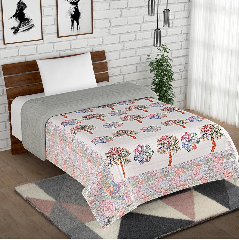 LOARSHY Hand Block Floral Palm Tree Print 210 TC Jaipuri Razai Multi Color Soft Mulmul Pure Cotton King Size Rajai Rajasthani Double Bed Light Weight AC Quilt (Size 87X103 inch) - Image 2