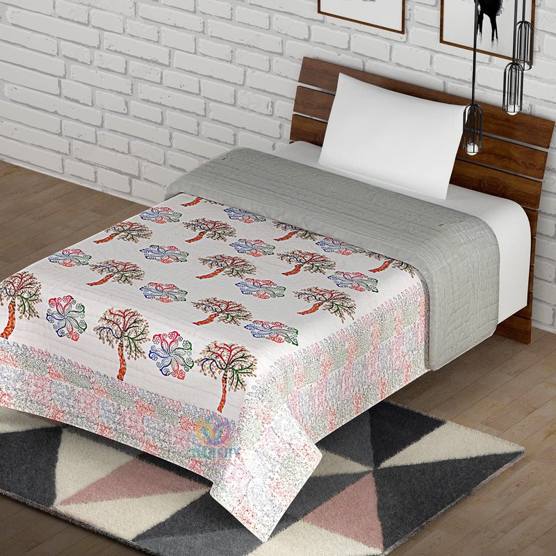 LOARSHY Hand Block Floral Palm Tree Print 210 TC Jaipuri Razai Multi Color Soft Mulmul Pure Cotton King Size Rajai Rajasthani Double Bed Light Weight AC Quilt (Size 87X103 inch) - Image 3