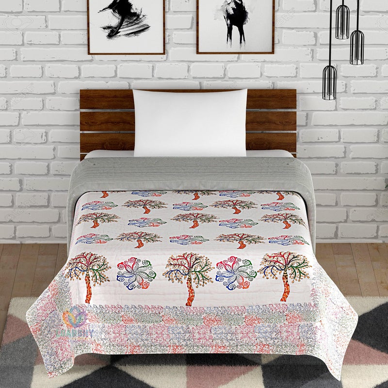 LOARSHY Hand Block Floral Palm Tree Print 210 TC Jaipuri Razai Multi Color Soft Mulmul Pure Cotton King Size Rajai Rajasthani Double Bed Light Weight AC Quilt (Size 87X103 inch) - Image 1