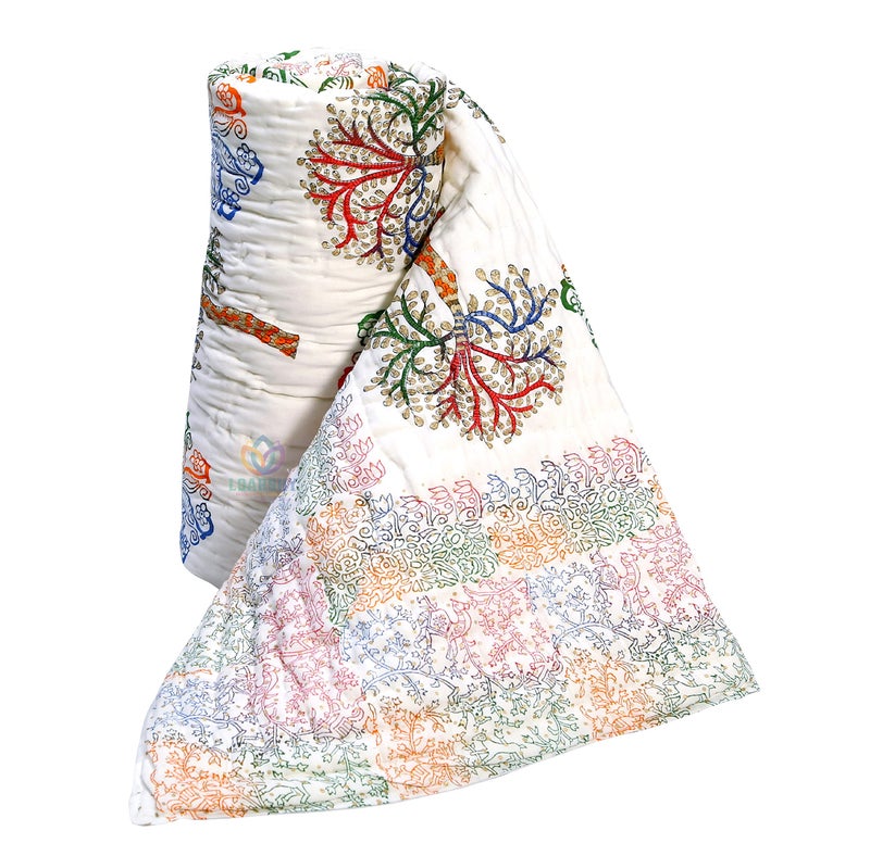 LOARSHY Hand Block Floral Palm Tree Print 210 TC Jaipuri Razai Multi Color Soft Mulmul Pure Cotton King Size Rajai Rajasthani Double Bed Light Weight AC Quilt (Size 87X103 inch) - Image 4