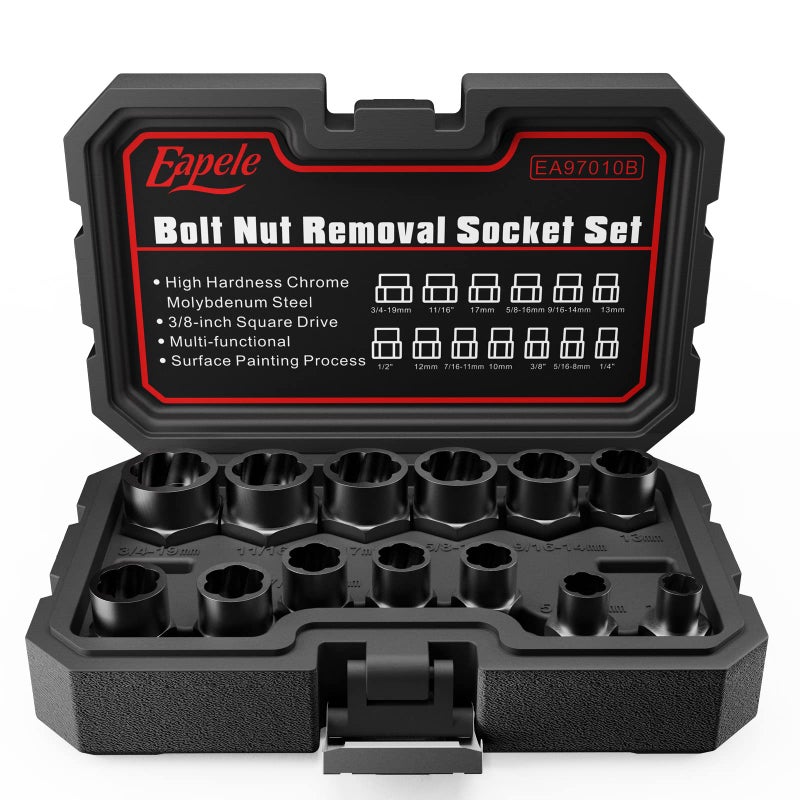 Eapele Bolt Extractor Set Stripped Nut Remover Twist Sockets Fit 3/8"" Square Drive With Solid Storage Case (13Pcs Black) - Image 1
