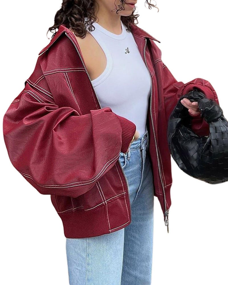 utcoco Women's Faux Leather Motorcycle Jacket Oversized Zip Up Winter Coat Outerwear 2025 Fall Fashion Clothes (Medium, Red) - Image 1