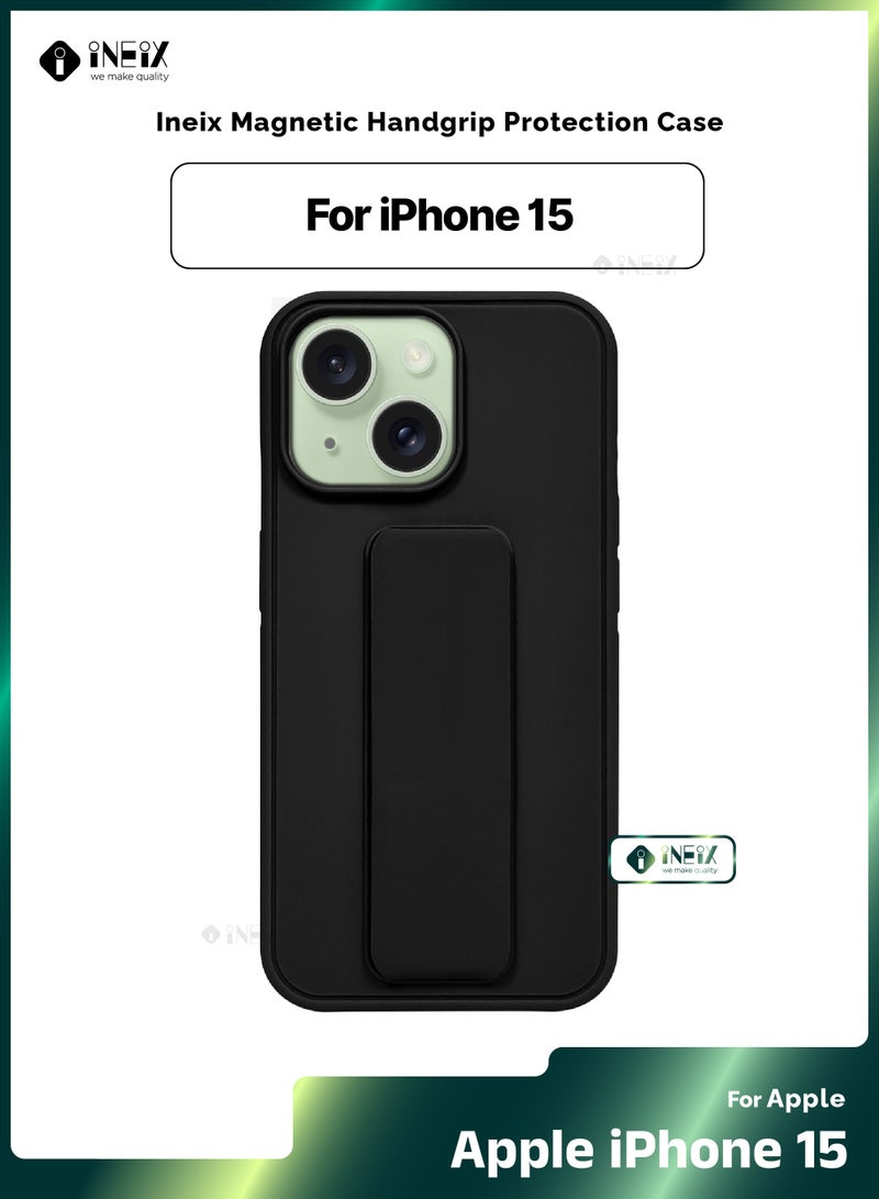 INEIX 3-in-1 Magnetic Wrist Strap Hand Grip Stand Back Case Cover for iPhone 15-Black  - Image 1