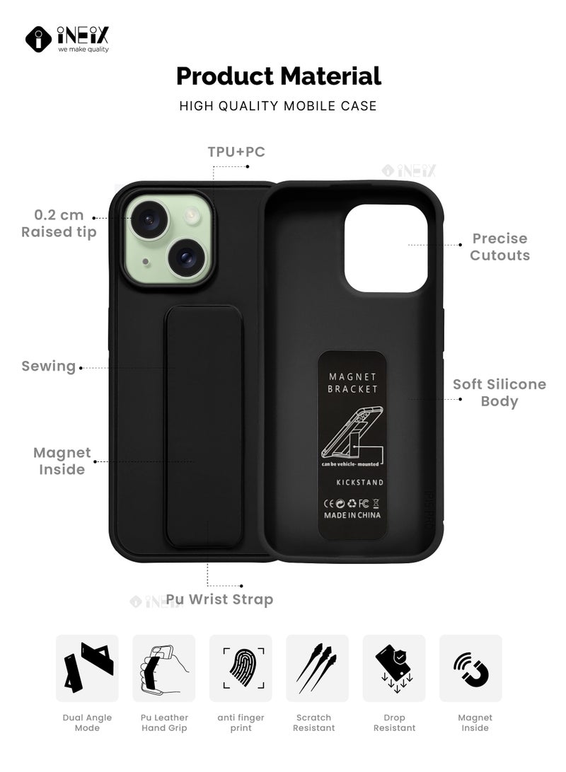 INEIX 3-in-1 Magnetic Wrist Strap Hand Grip Stand Back Case Cover for iPhone 15-Black  - Image 2