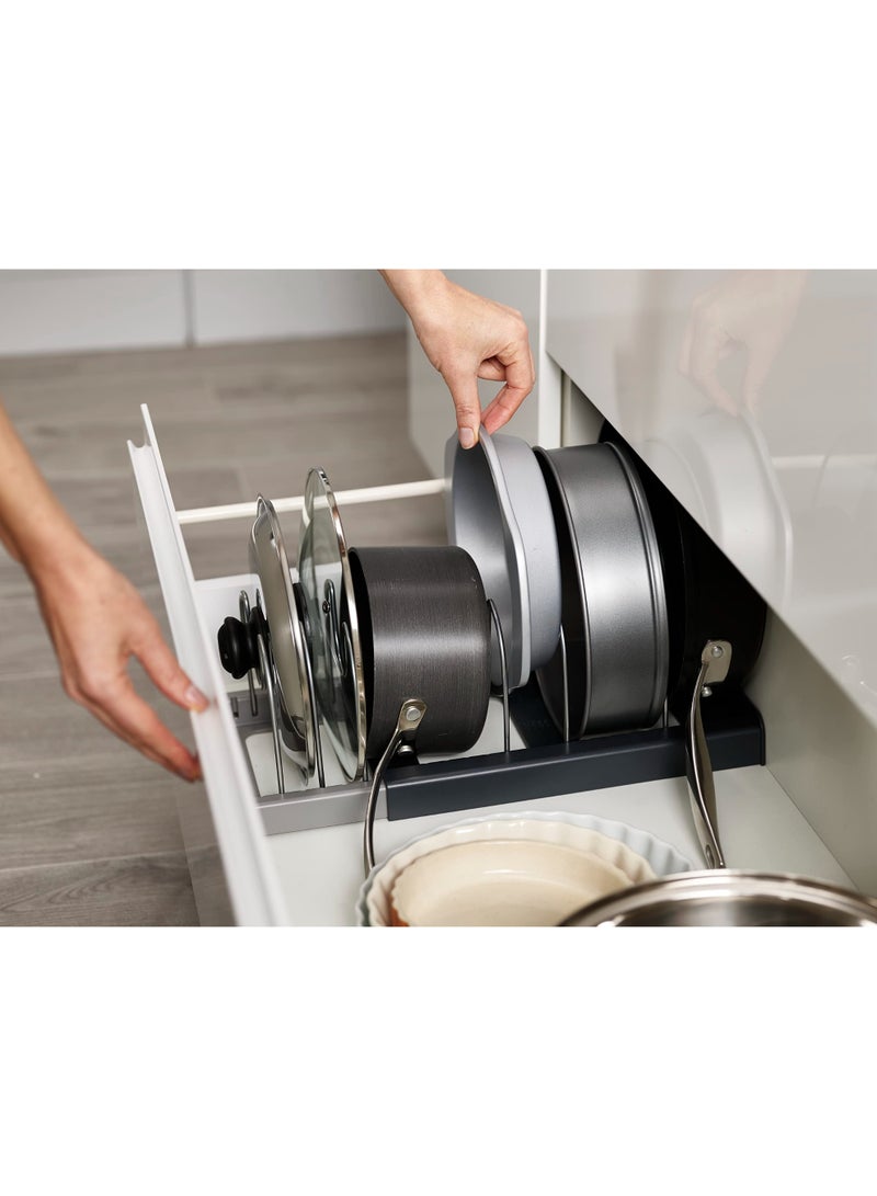 كيلا منظم أدوات الطهي القابل للتوسيع من درج التخزين، يوفر مساحة تخزين لأغطية المقالي وصواني الخبز - Image 5