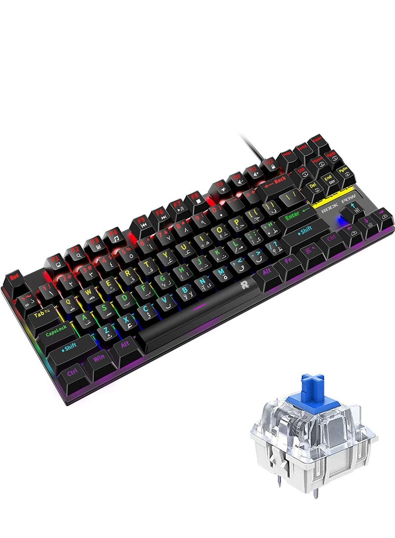 Rock Pow English Arabic Mechanical Gaming Keyboard With RGB LED Rainbow Backlit Quick Response USB Wired E-sport Waterproof 87 Keys Keyboard For Windows/MacOS/Android And PC Gamers - Image 1