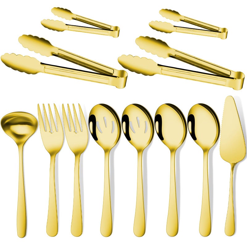 Gisly Gold 12 Pieces Serving Utensils Include Large Serving Spoons,Slotted Serving Spoons,Serving Forks,Serving Tongs,Appetizers Tongs,Soup Ladle and Pie Cake Server for Buffet Catering - Image 1