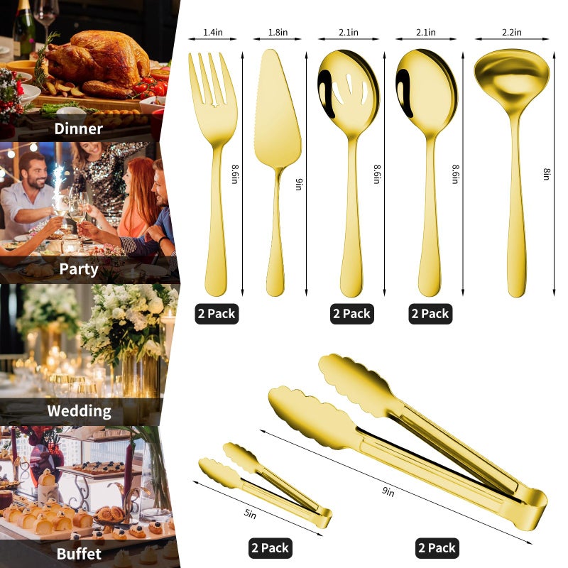 Gisly Gold 12 Pieces Serving Utensils Include Large Serving Spoons,Slotted Serving Spoons,Serving Forks,Serving Tongs,Appetizers Tongs,Soup Ladle and Pie Cake Server for Buffet Catering - Image 2