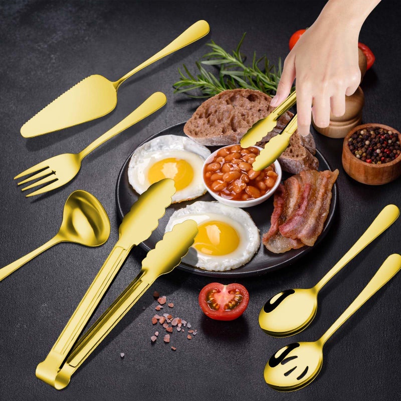Gisly Gold 12 Pieces Serving Utensils Include Large Serving Spoons,Slotted Serving Spoons,Serving Forks,Serving Tongs,Appetizers Tongs,Soup Ladle and Pie Cake Server for Buffet Catering - Image 3