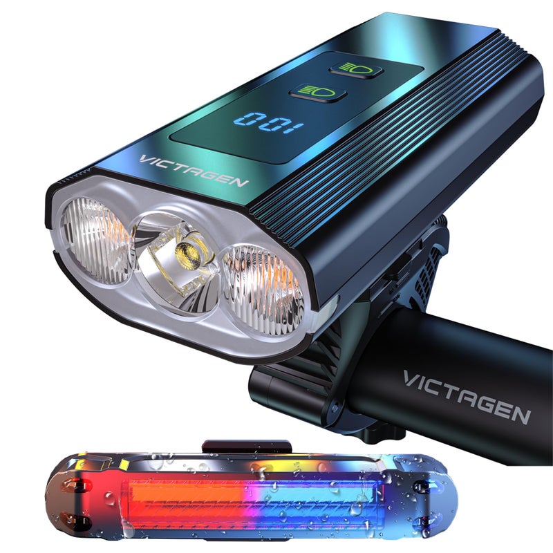 Victagen Super Bright Bike Lights 8000 Lumen for Night Riding, Super Bright 3 LED Lights for Bike/Bicycle Headlight with High Beam & Low Beam TypeC Rechargeable, Free Taillights - Image 1
