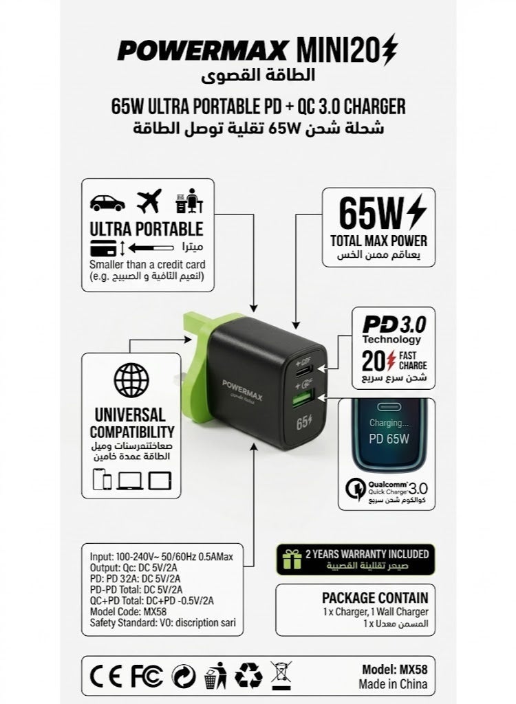 PowerMax ProMax 65W 3.0 Dual Port Fast Charger - Compact Wall Adapter for iPhone and Android,  Fast Charging with 1 USB-C and 1 USB-A Ports - Image 2