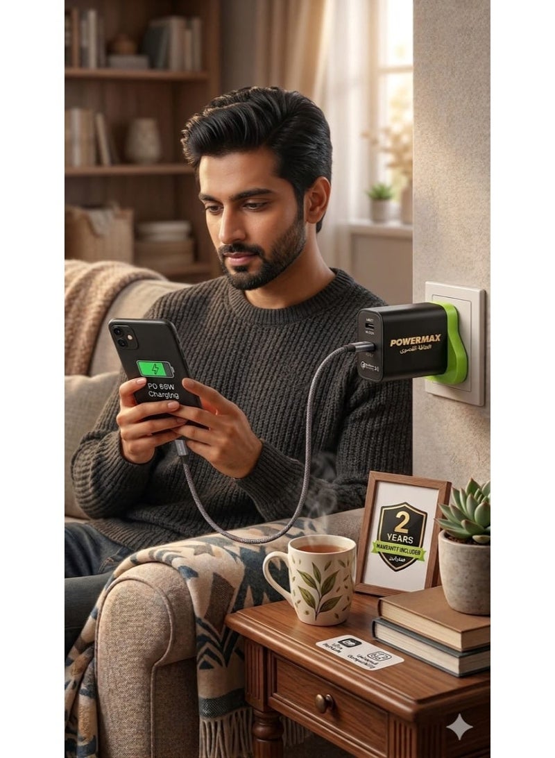 PowerMax ProMax 65W 3.0 Dual Port Fast Charger - Compact Wall Adapter for iPhone and Android,  Fast Charging with 1 USB-C and 1 USB-A Ports - Image 3