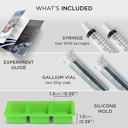Gallant Metals معدن الجاليوم السائل 100 جرام، 99.99% نقي - زجاجتان 50 جرام (100 جرام)، حقنتان، ثلاث مكعبات قالب سيليكون، ودليل كامل لتجارب العلوم DIY - Image 4